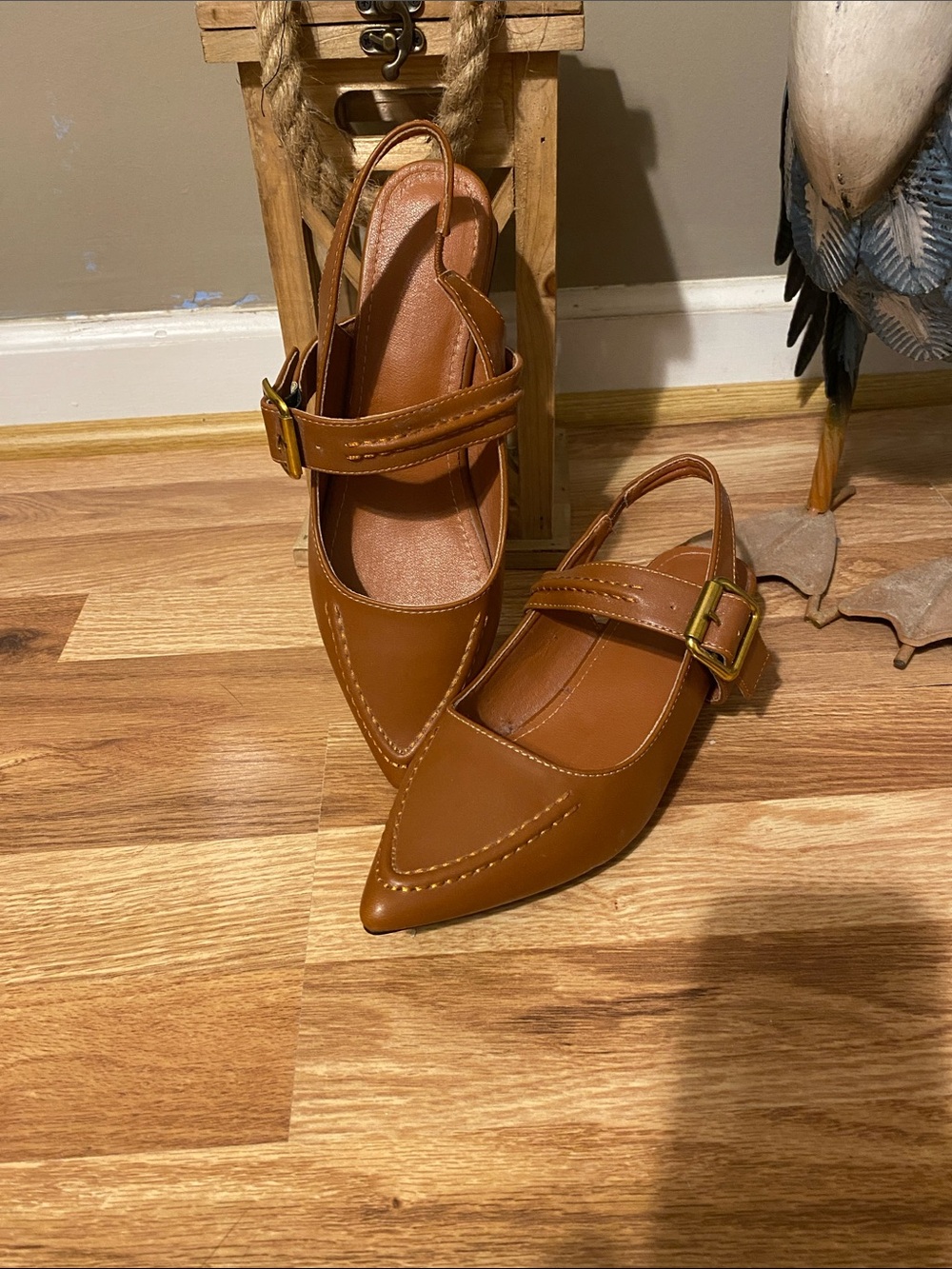 Pointed Toe Buckle Slingback Mules in Tan